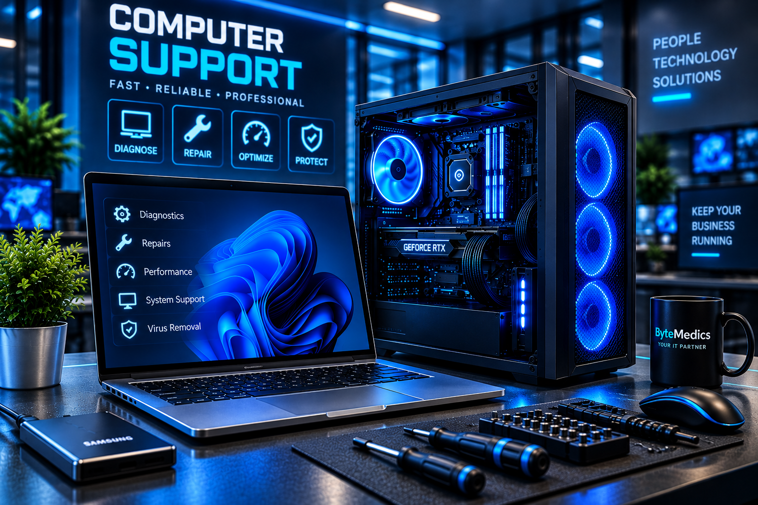 Computer support workstation with laptop, desktop PC and diagnostic tools