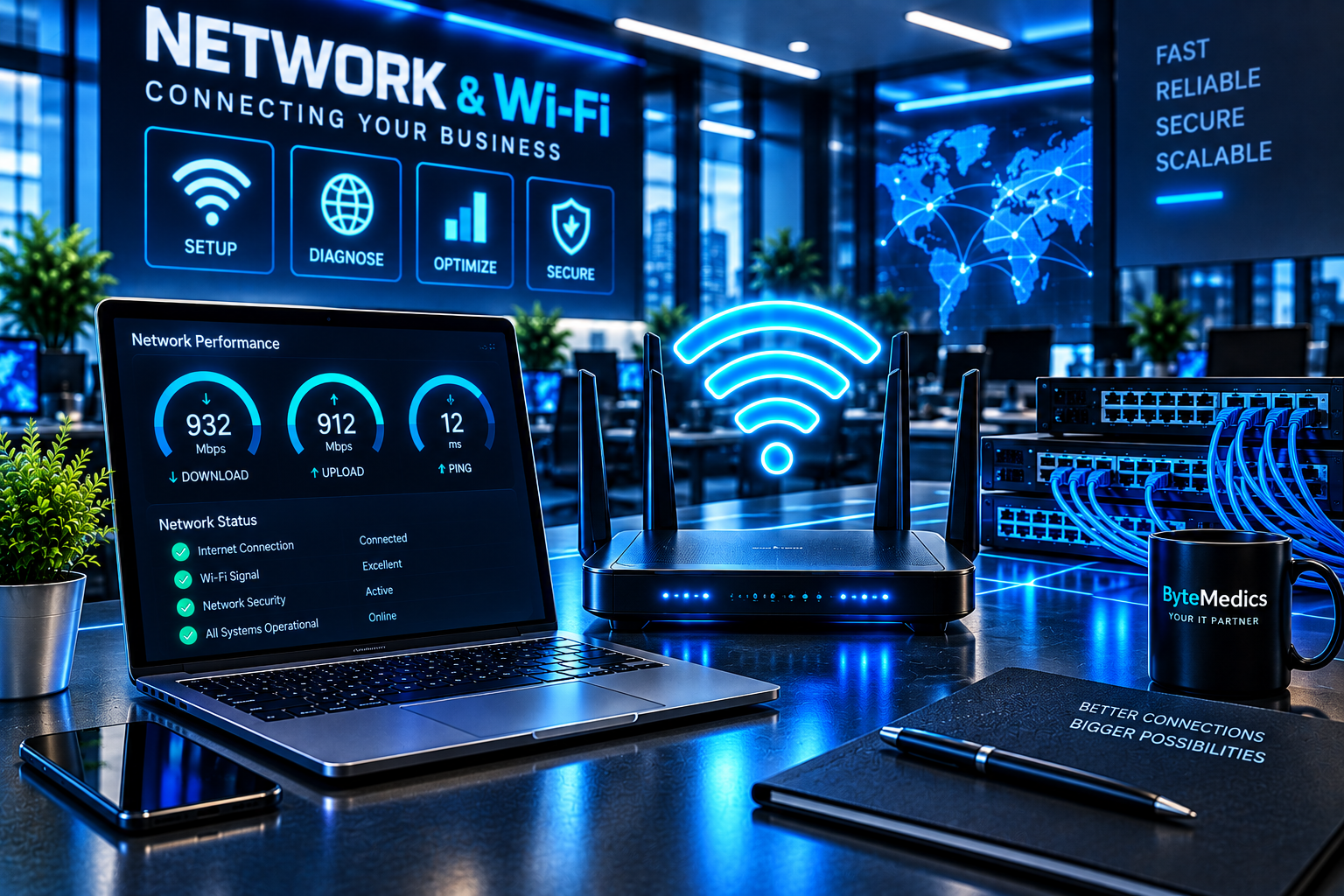 Business network and Wi-Fi setup with router, network switches and performance monitoring