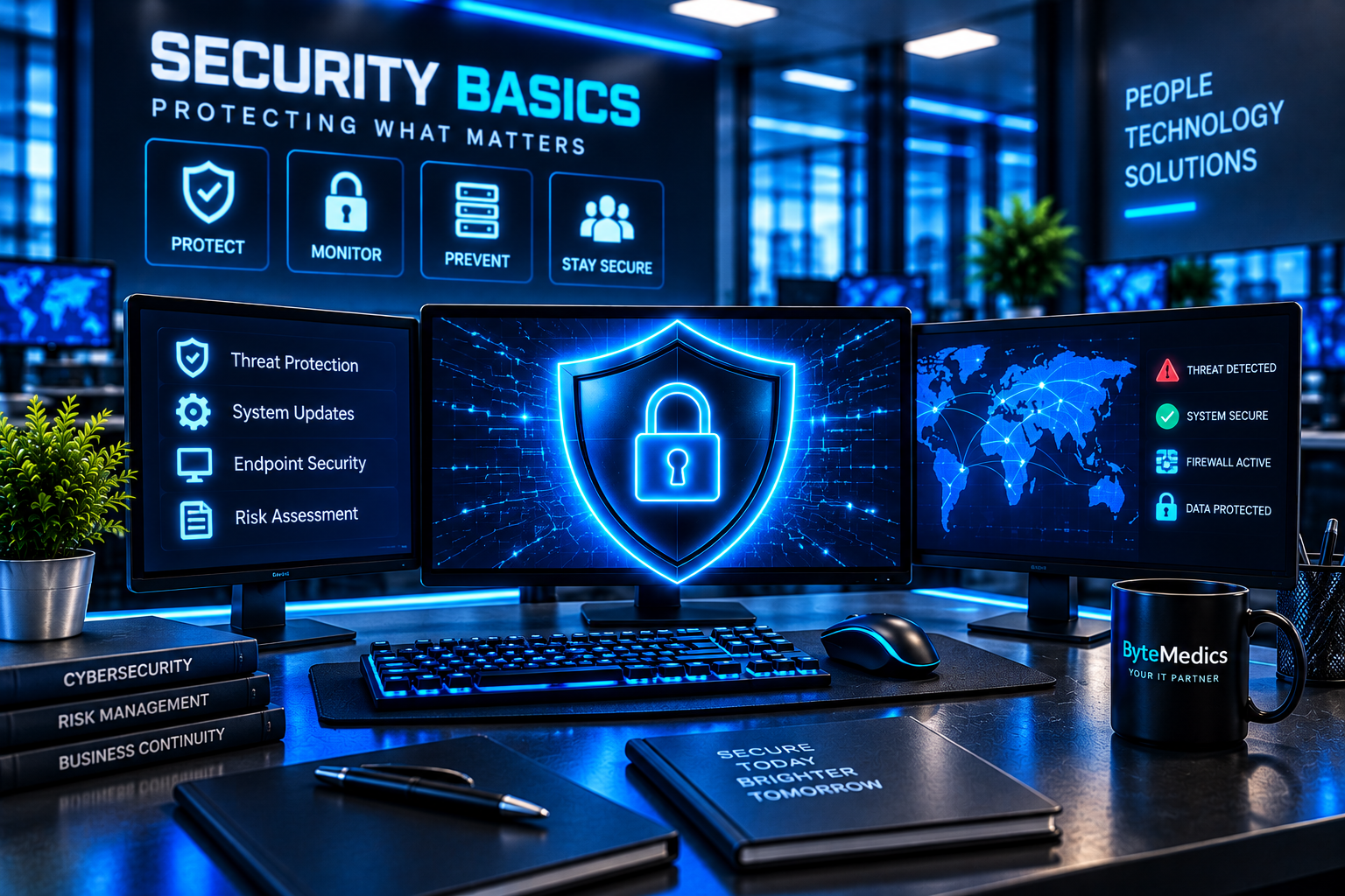 Cybersecurity workstation with shield, lock and endpoint protection monitoring