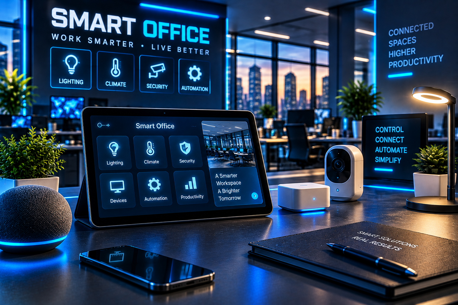 Smart office automation dashboard with connected devices, lighting, climate and security controls