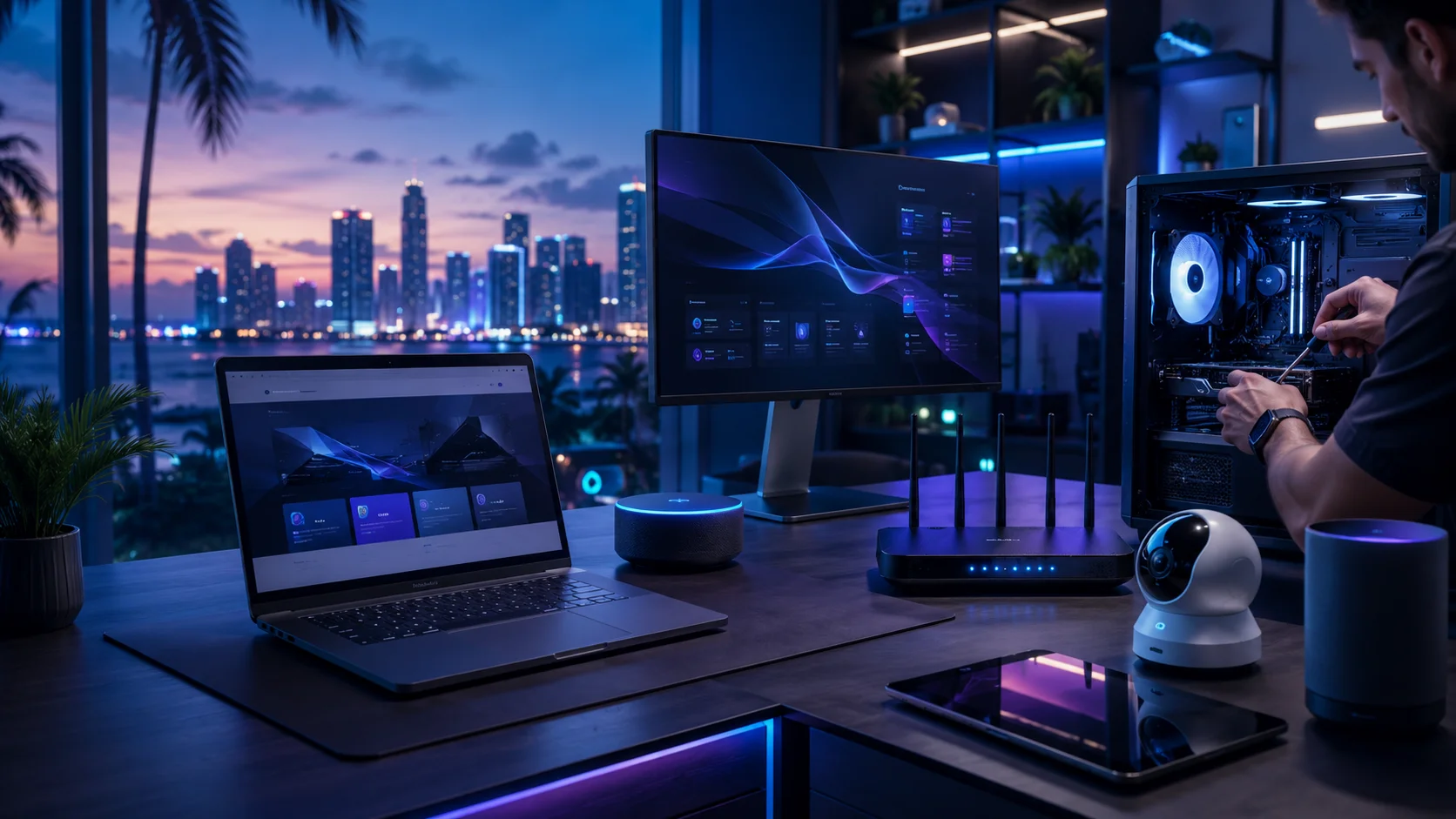 Premium ByteMedics technology workspace with computer repair, web design and smart devices