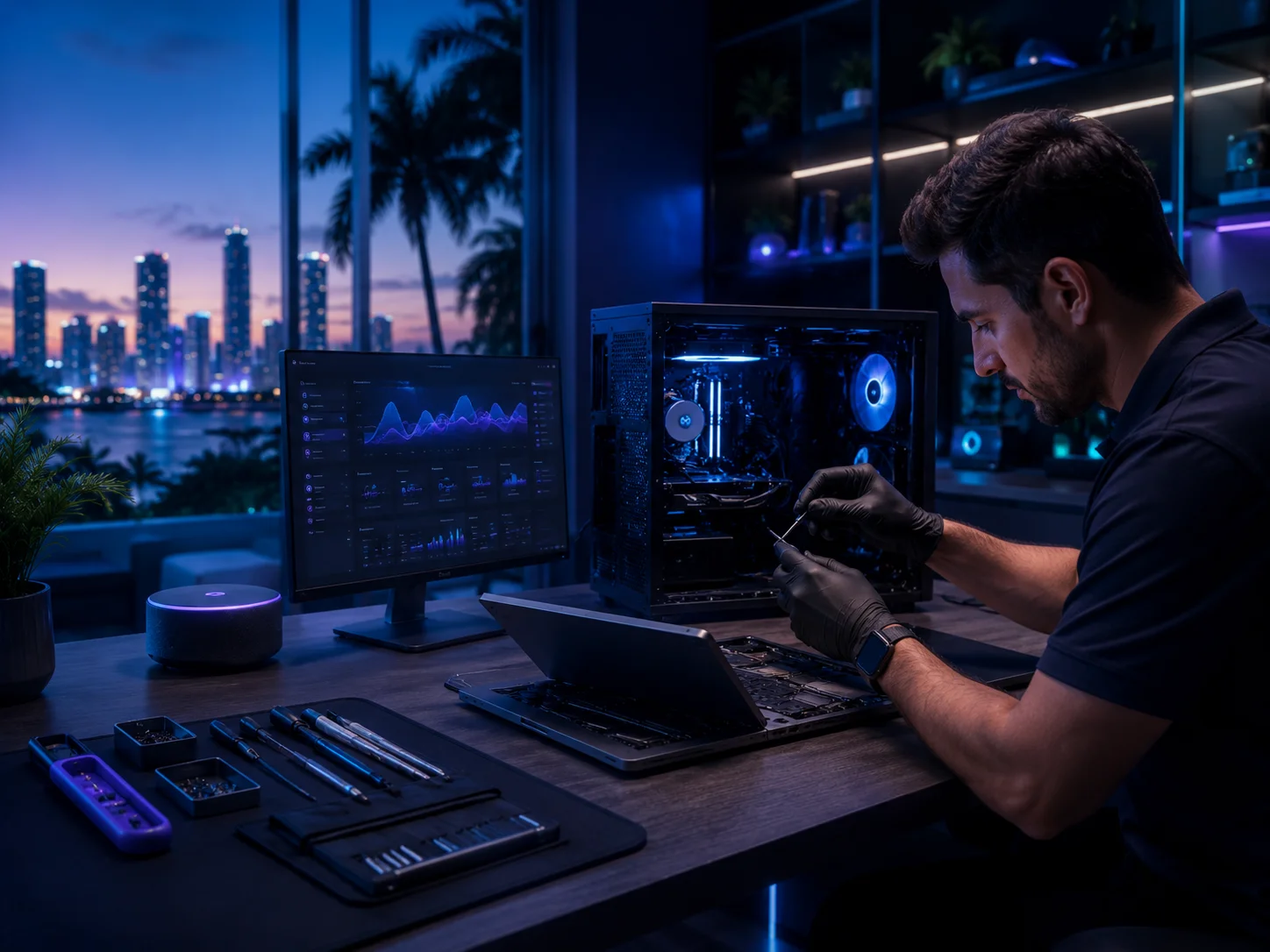 ByteMedics technician repairing a computer in a professional workspace