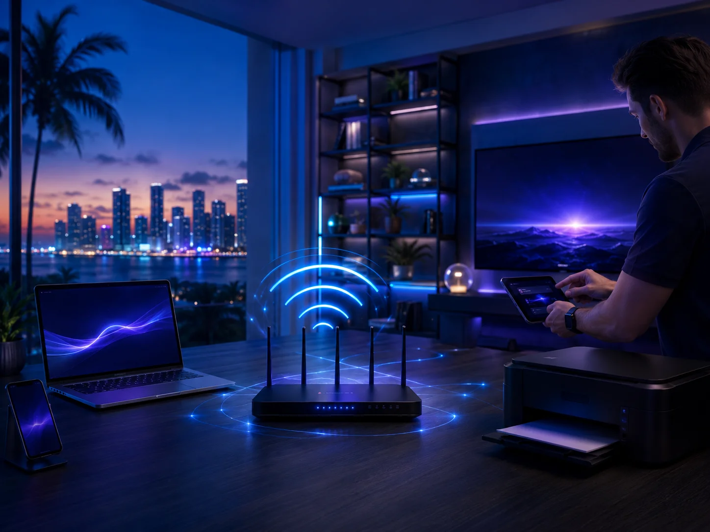 Modern Wi-Fi setup with router, connected devices and networking environment
