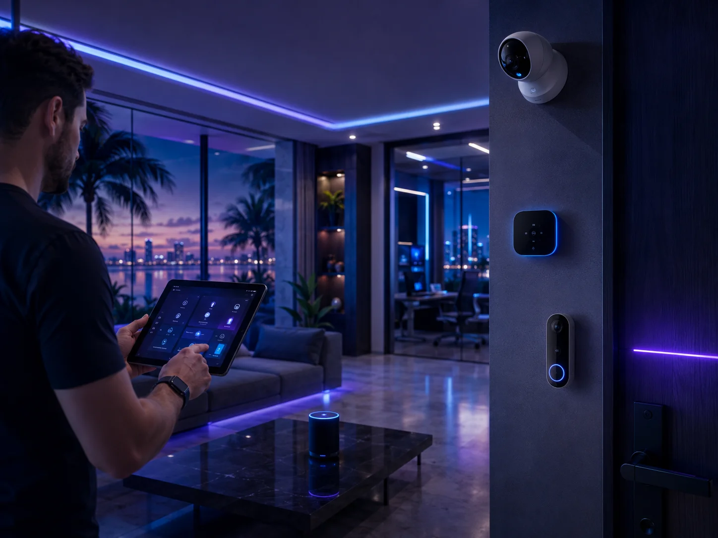 Smart home control scene with connected devices and home automation
